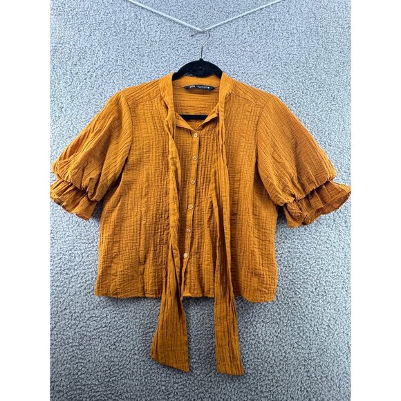 Zara Rust Textured Button-Up Blouse With Tie Neck & Ruffled Sleeves Size Medium - Picture 2 of 7